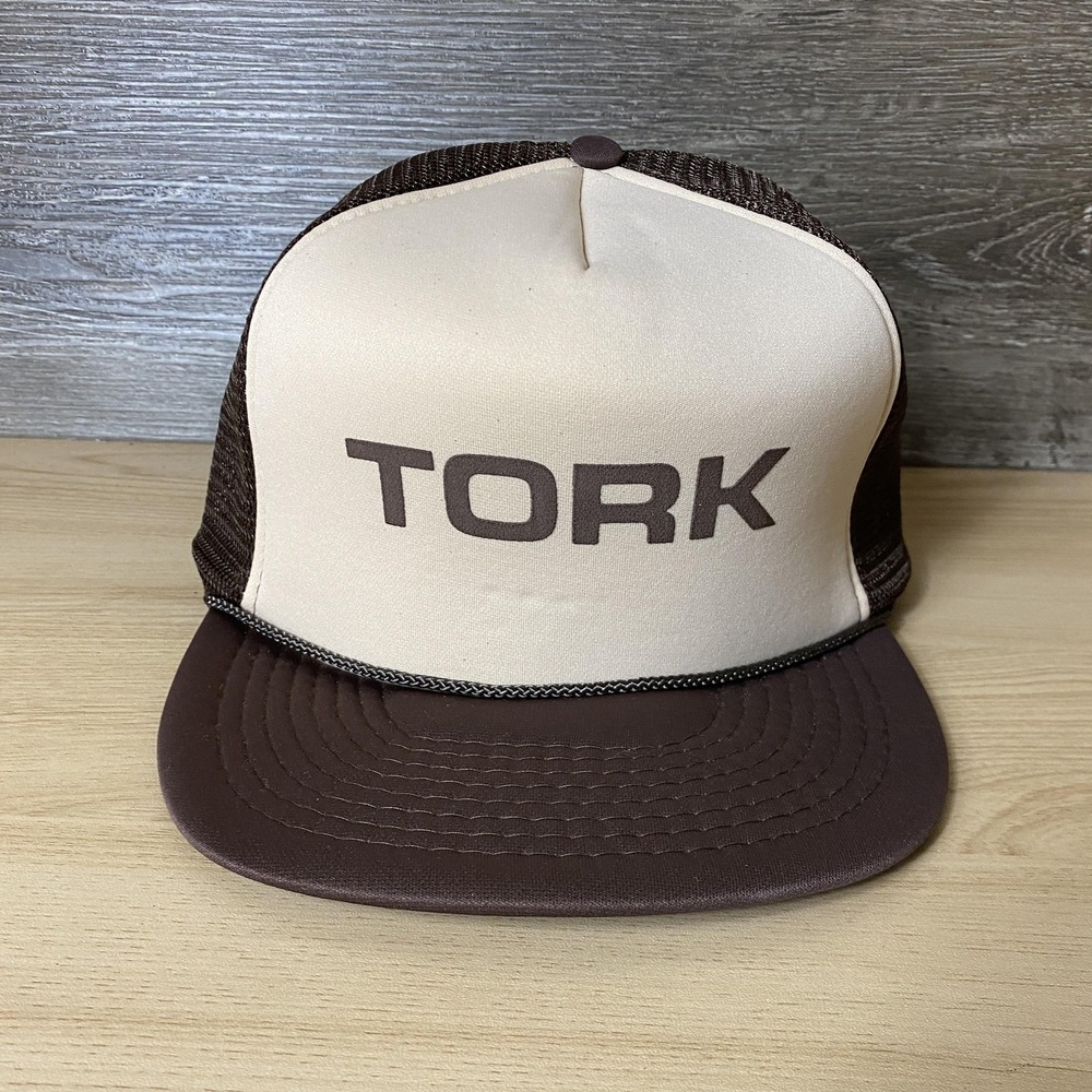 Vintage TORK Hat Cap Snap Back Brown Trucker Mesh Adjustable